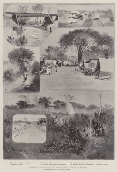De vooruitgang van de beschaving in Oost-Afrika, scènes op de Oeganda-spoorweg door Henry Charles Seppings Wright